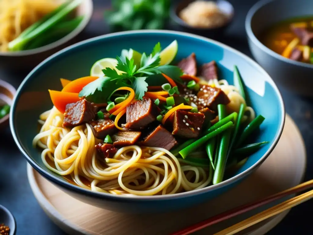 Un delicioso plato emblemático de fusión IndoChina: fideos con salsa brillante, vegetales y carne jugosa, en un mercado callejero asiático