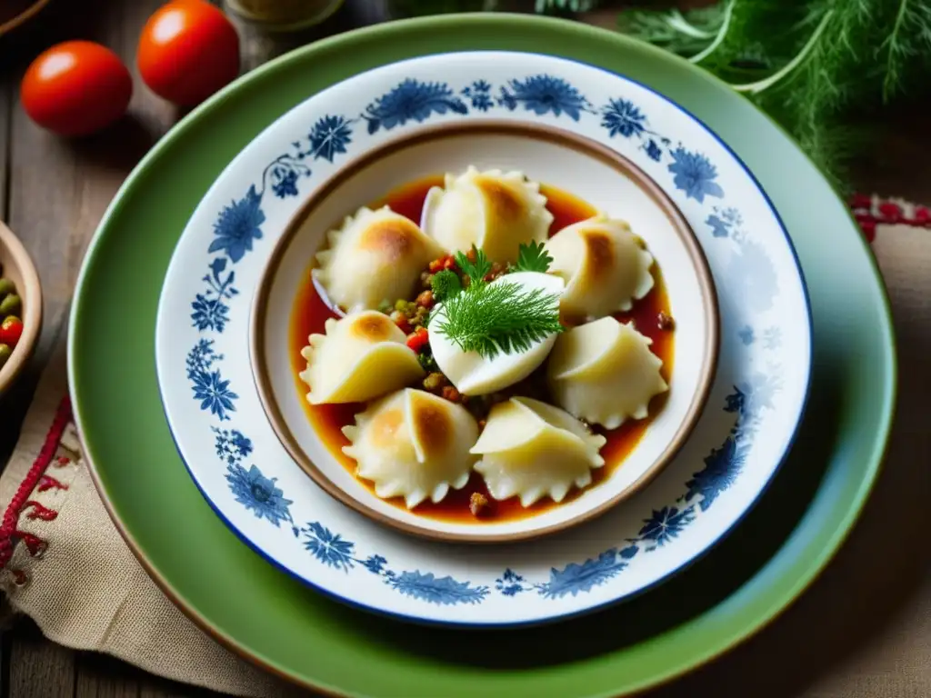 Delicioso plato europeo en cerámica vintage con hierbas frescas y especias