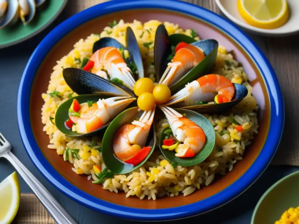 Un delicioso plato de paella española con arroz amarillo, mariscos y verduras frescas, reflejando la cultura gastronómica del Festival Alhambra