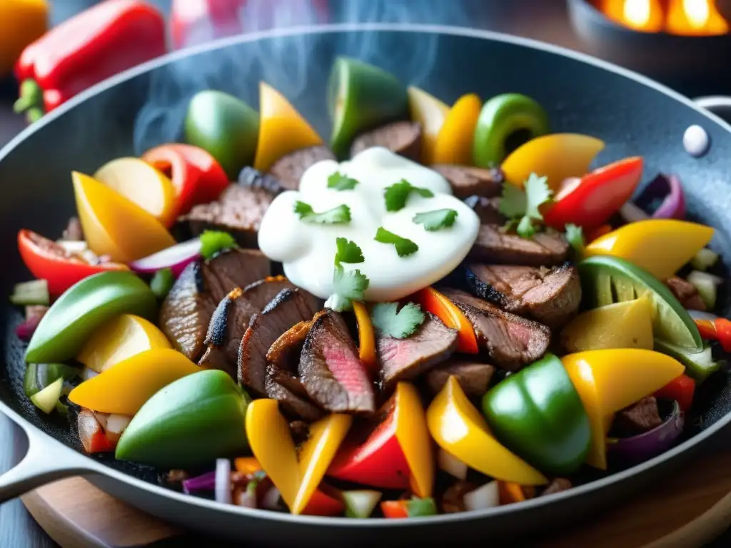 Delicioso plato TexMex con vegetales coloridos y carne sellada, vaporoso y tentador