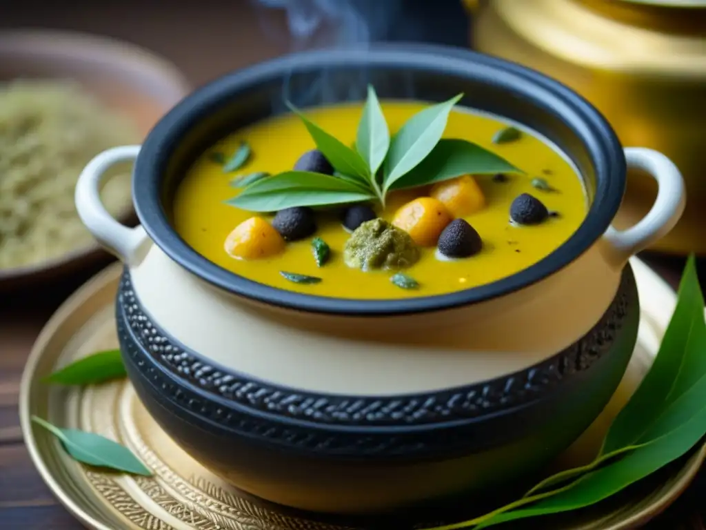 Delicioso Pongal recién cocinado en olla de barro, con vapor y ingredientes vibrantes