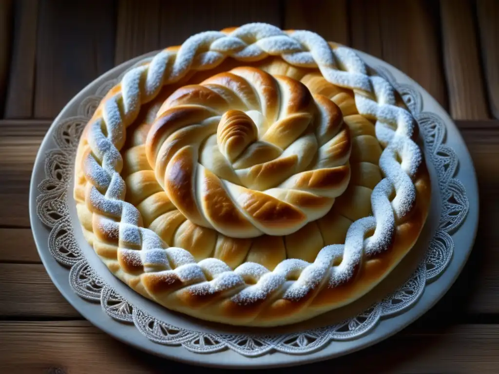 Un delicioso postre armenio Gata, con diseño trenzado y azúcar en polvo, en un fondo de madera rústico