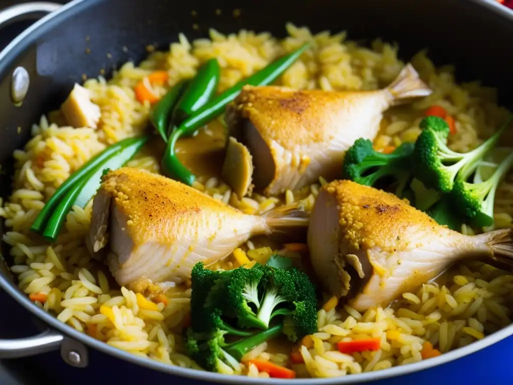 Un delicioso pot de arroz con pollo, cada grano y trozo de pollo detallado, colores vibrantes