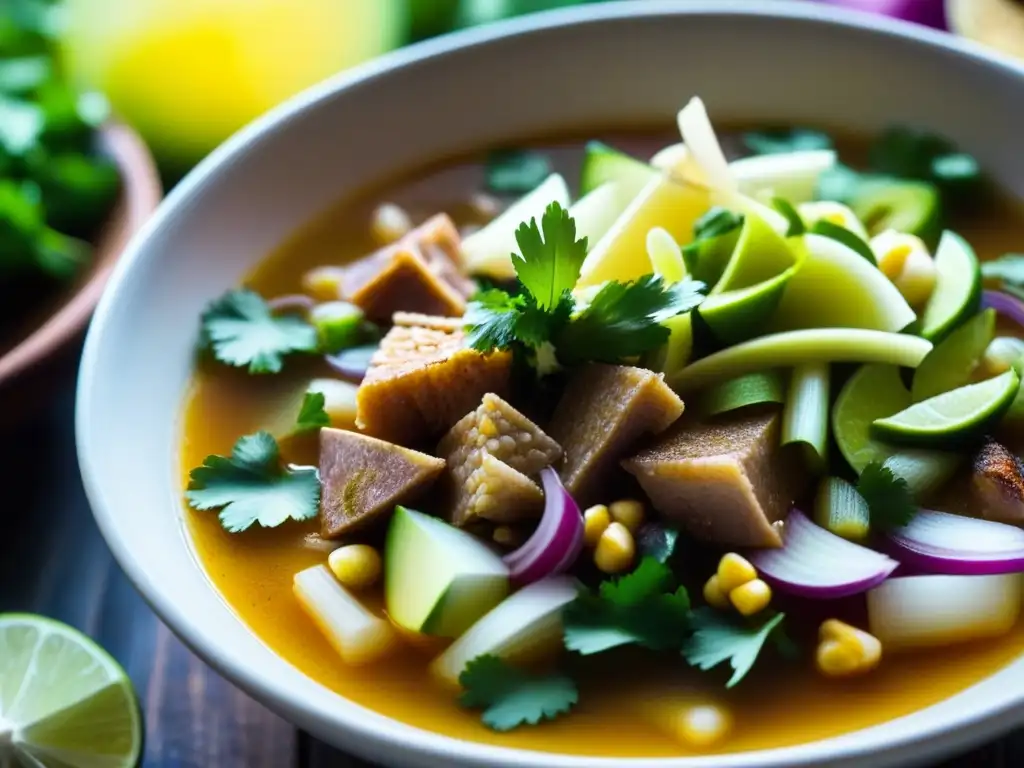 Delicioso pozole prehispánico con maíz, carne y cilantro