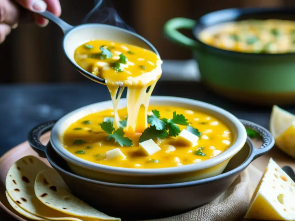 Delicioso queso fundido en cazuela, TexMex, con tortilla y cocina rústica al fondo