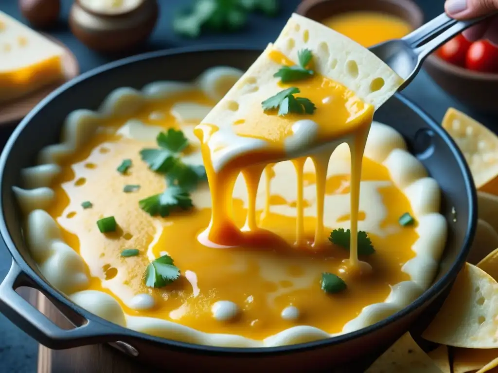 Delicioso queso fundido en sartén TexMex, con queso derretido y burbujeante, listo para saborear la historia de la cocina TexMex