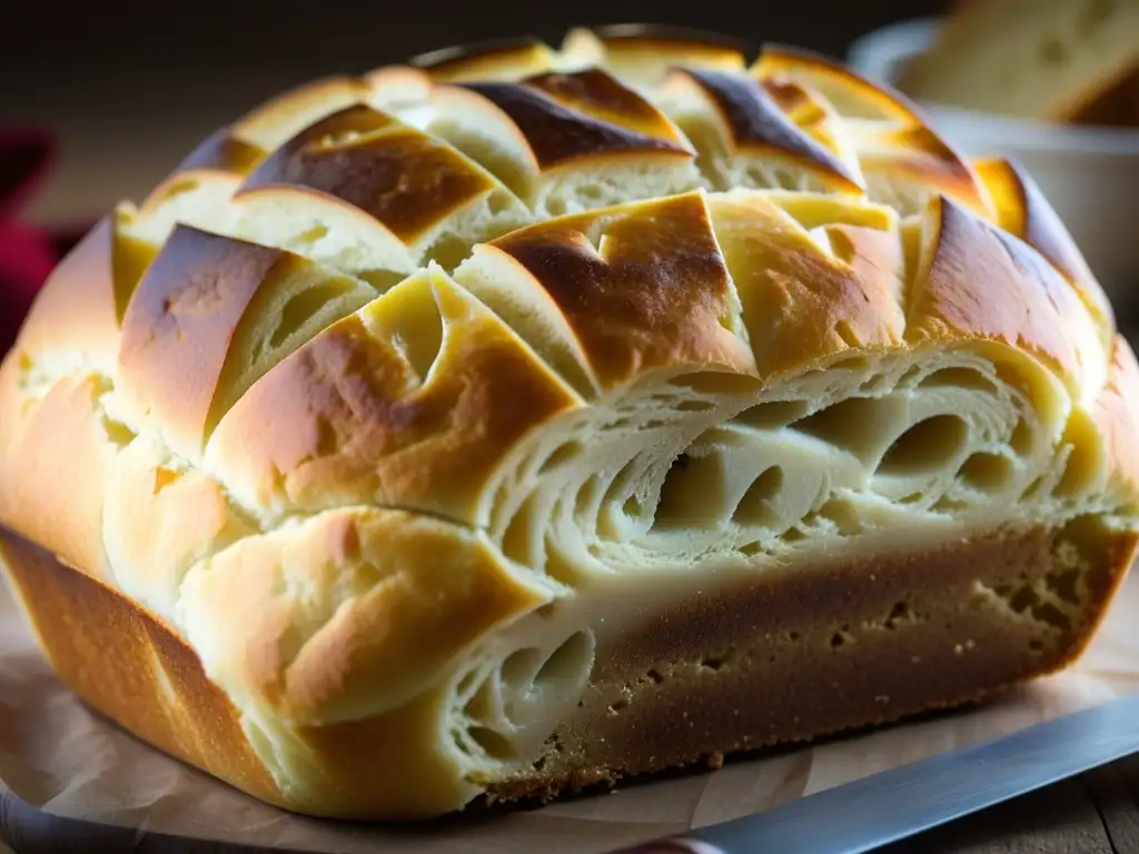 Delicioso panis romano recién horneado, con corteza dorada y marcas de corte, destacando la importancia del Panis en Roma