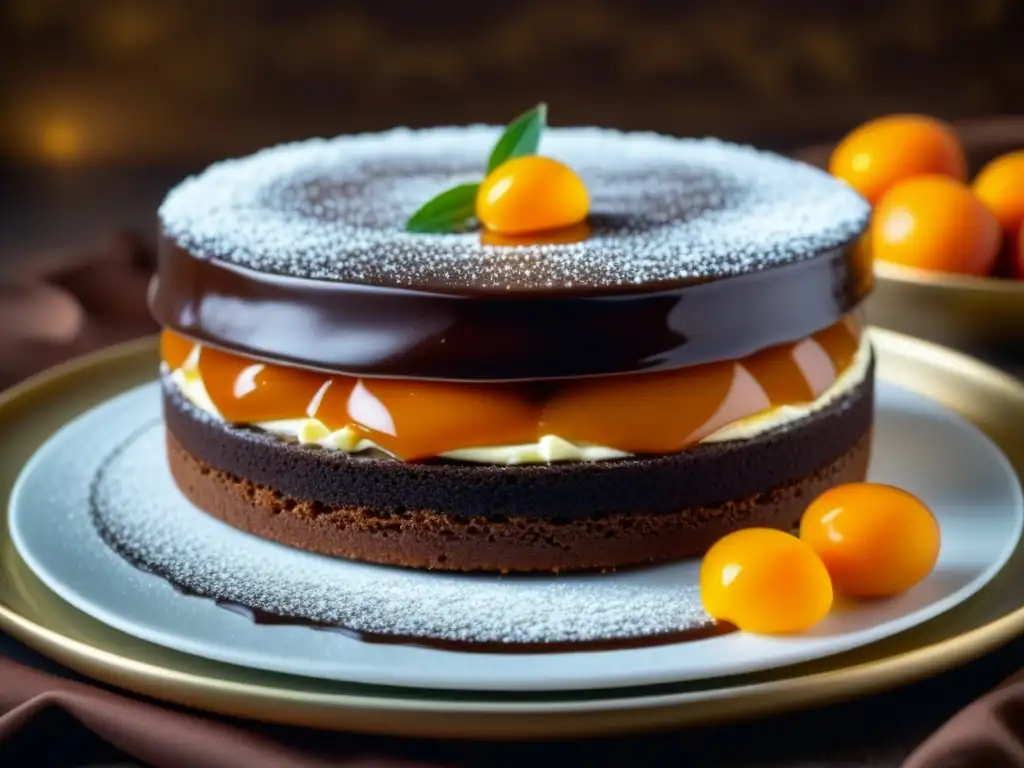 Delicioso Sachertorte austriaco decorado con elegancia, listo para Navidad Imperio Austrohúngaro