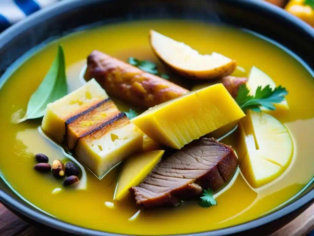 Un delicioso sancocho criollo en Hispanoamérica, con yuca, plátano, maíz y carnes en un caldo aromático