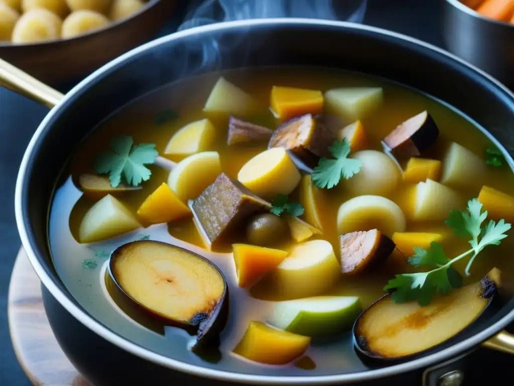 Delicioso Sancocho Dominicano con influencia africana, burbujeante y colorido en una olla de cocción lenta