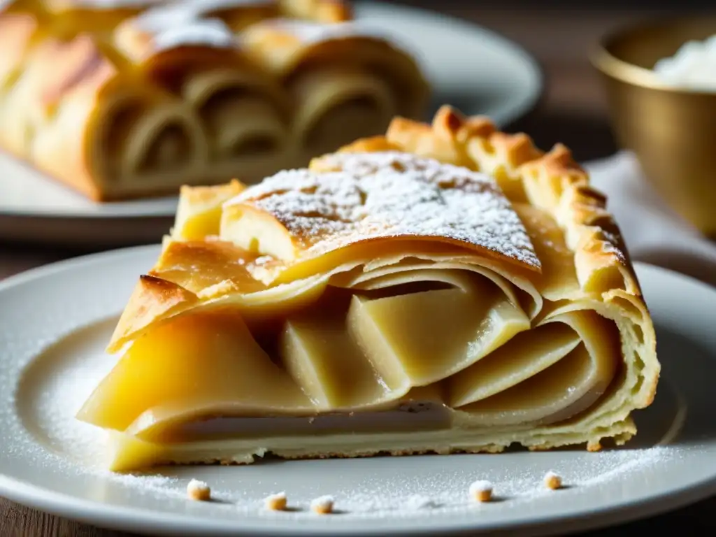 Un delicioso strudel de manzana recién horneado, con capas doradas y relleno de manzana especiada