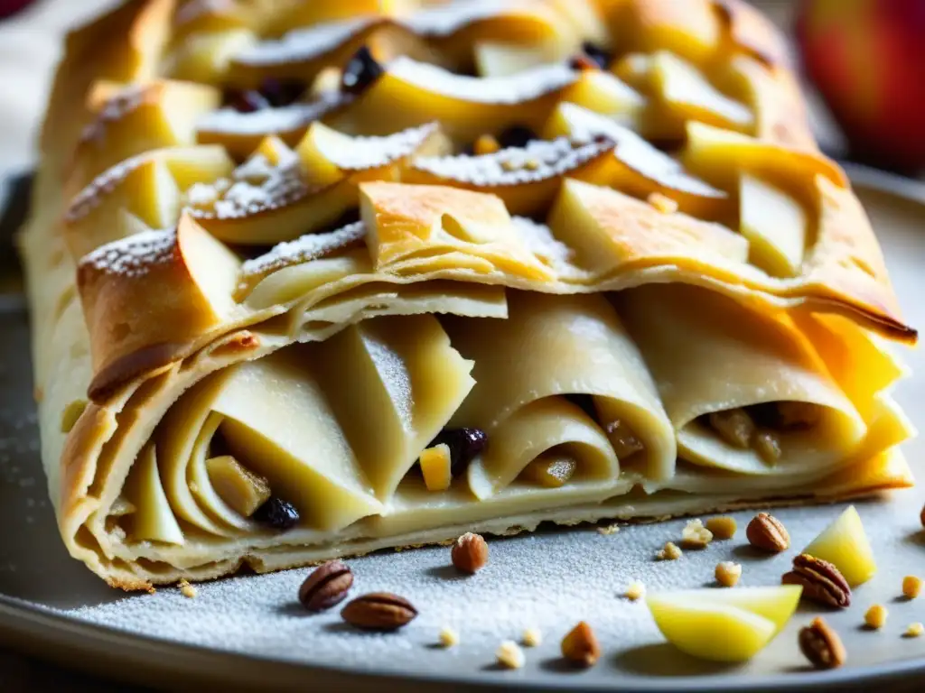 Delicioso strudel de manzana recién horneado, con capas de masa hojaldrada envolviendo un relleno generoso de manzanas, pasas y nueces