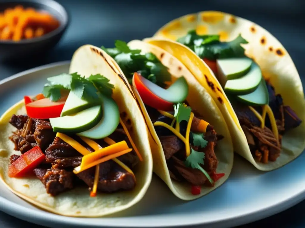 Un delicioso taco de fusión coreano-mexicana, con detalles meticulosos y colores vibrantes de kimchi y bulgogi