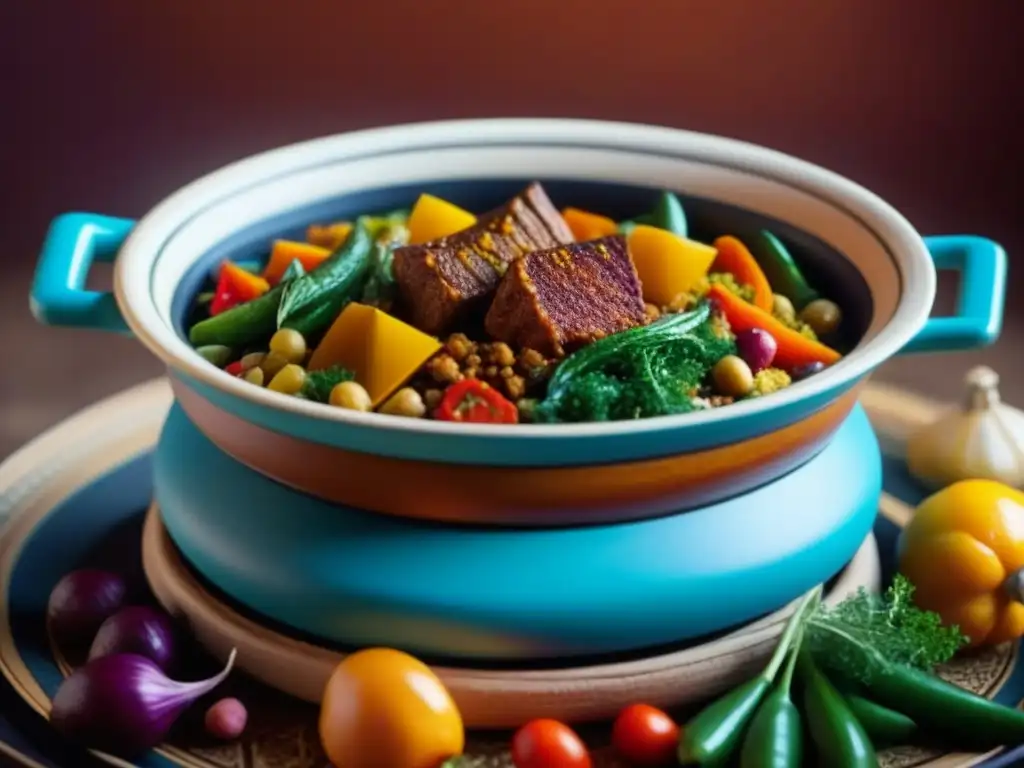 Delicioso tagine marroquí con influencia árabe: verduras coloridas, carne tierna y especias aromáticas en una cazuela tradicional