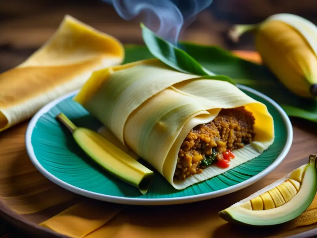 Un delicioso tamal de la Candelaria en México, con capas detalladas de masa, relleno y hoja de plátano