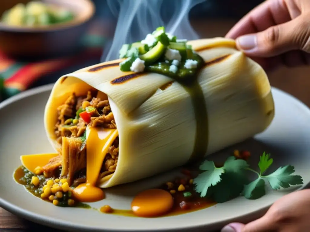 Un delicioso tamal tradicional de México desvelado, con su relleno de pollo, salsa verde y queso derretido