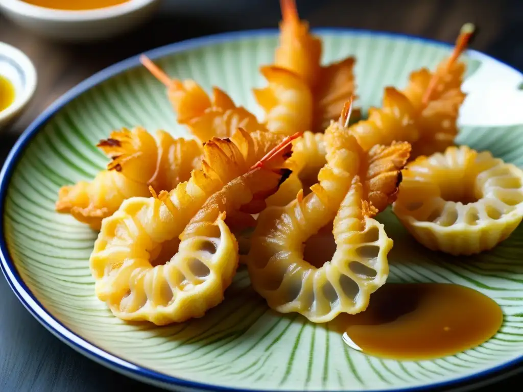 Delicioso tempura de camarón dorado y crujiente, con salsa tempura y cebollino