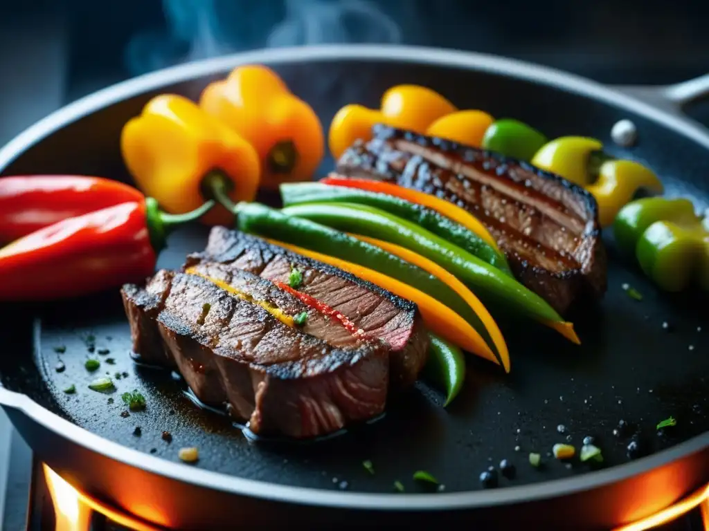 Delicioso TexMex: Carne y pimientos sizzling en sartén caliente, sabores y colores vibrantes