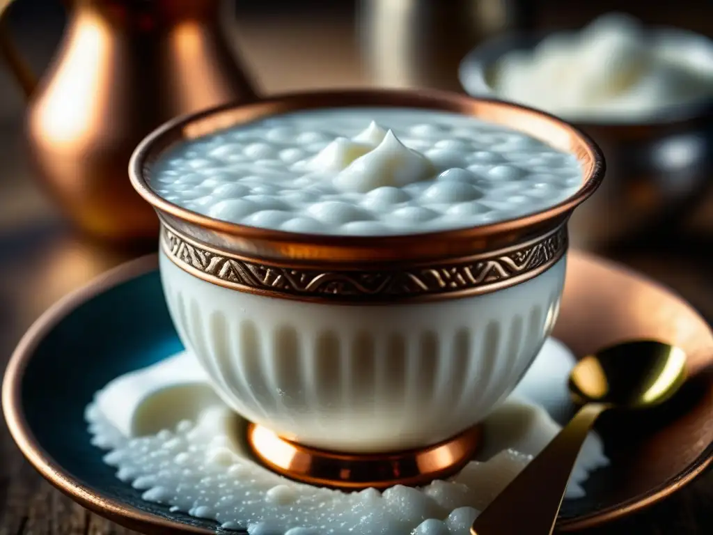 Delicioso ayran turco en copa de cobre, resaltando su textura cremosa y burbujas, con gotas de condensación