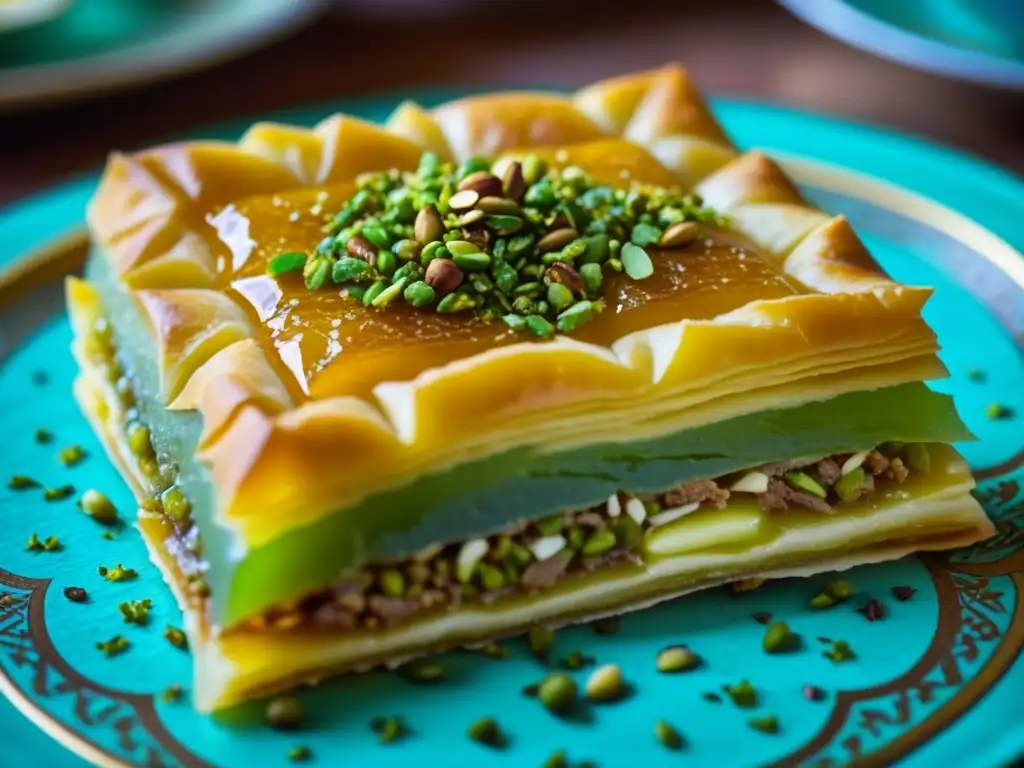 Delicioso Baklava turco en un entorno inspirado en la cultura otomana, fusionando recetas históricas de Estambul con colores y texturas vibrantes