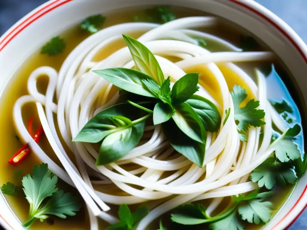 Delicioso Pho vietnamita con hierbas frescas y chiles, mostrando la esencia de las recetas históricas de IndoChina Sudeste Asiático