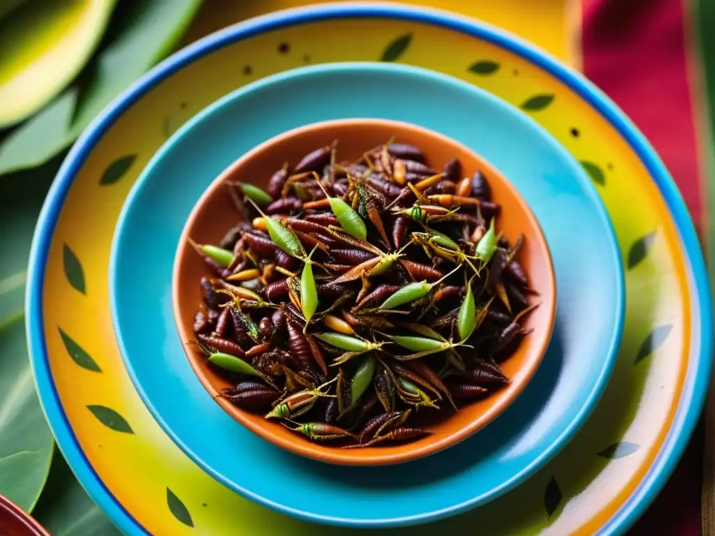 Deliciosos chapulines aztecas en plato de barro, receta histórica