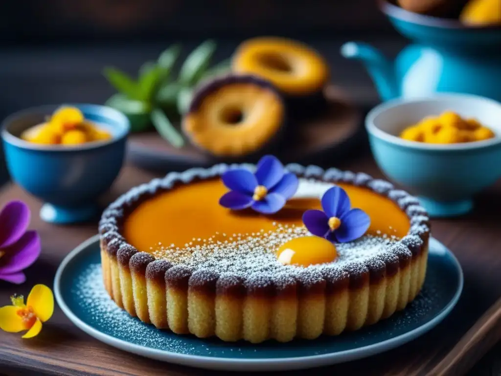 Delicias africanas: postres tradicionales vibrantes con toques modernos Deliciosos postres africanos: millet cakes, tarta de fruta baobab y buñuelos de plátano con flores comestibles y miel, sobre mesa rústica