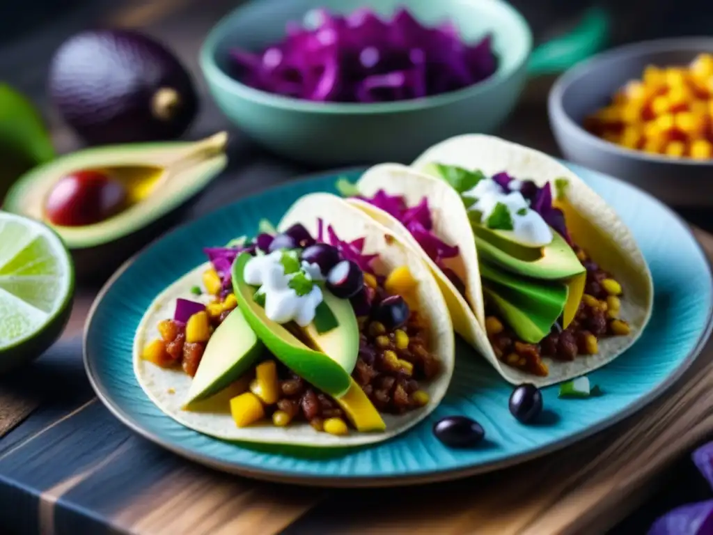 Deliciosos tacos veganos de jackfruit con salsa roja, aguacate y col morada sobre tortilla de maíz, en un fondo rústico de madera