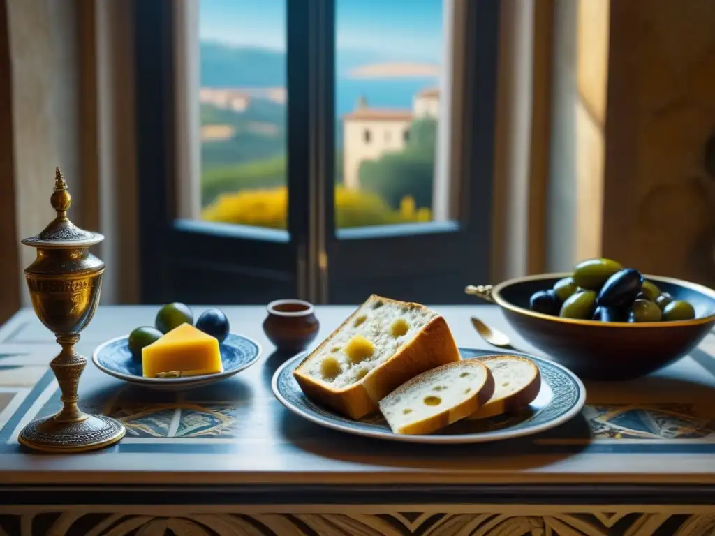 Desayuno en la Antigua Roma: mesa detallada con alimentos, vajilla y villa romana