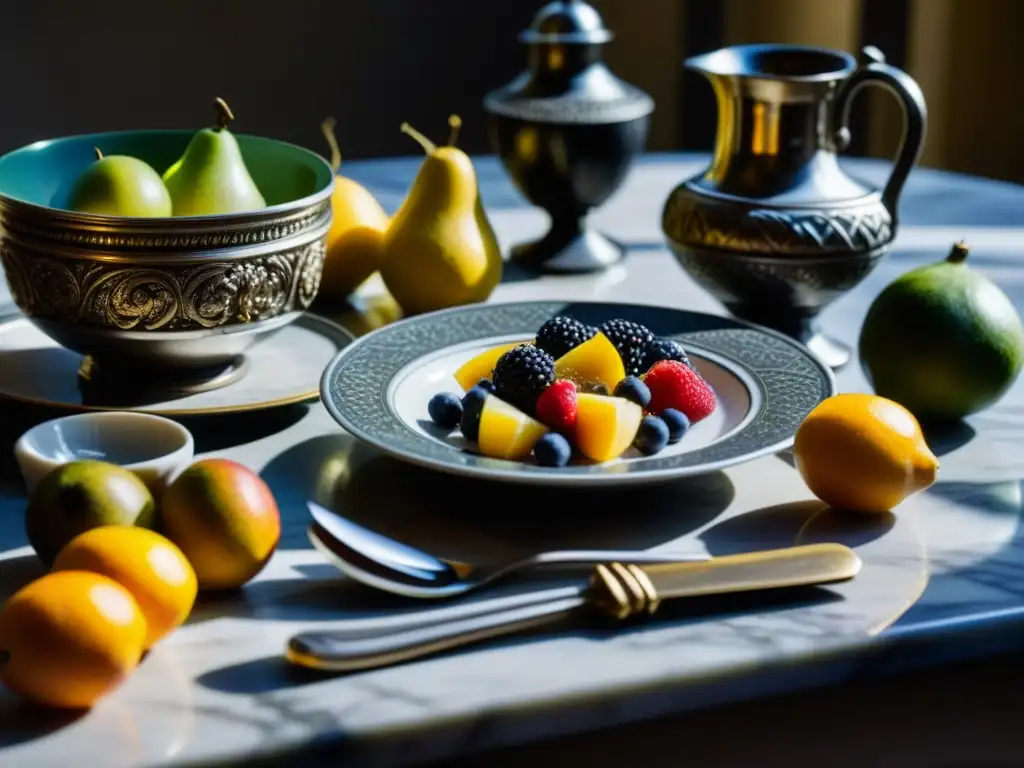 Desayuno en la Antigua Roma: Una mesa romana con detalles intrincados, frutas exóticas y utensilios de plata en una escena iluminada por el sol