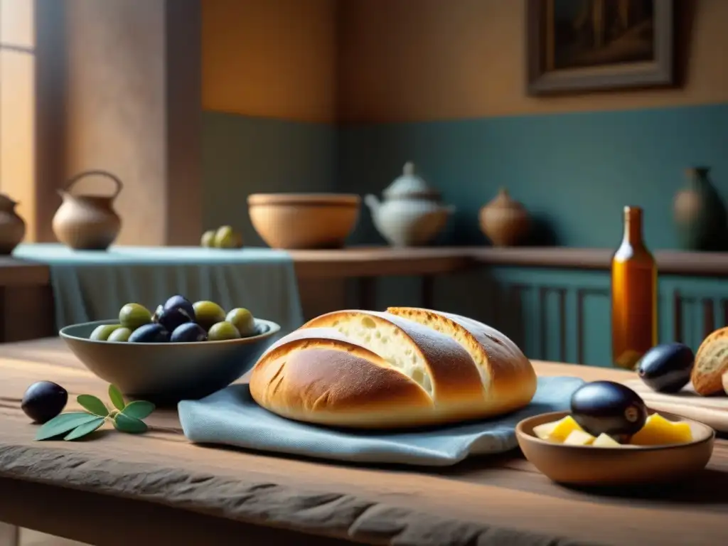 Un desayuno en la Antigua Roma: mesa de piedra con pan, aceitunas, higos, queso y miel