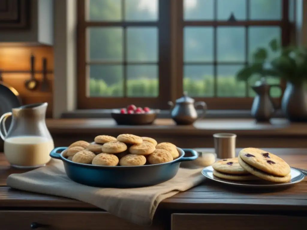 Desayuno en una cocina americana del siglo XIX: mesa rústica con avena, galletas, frutas, leche y recetario de pancakes