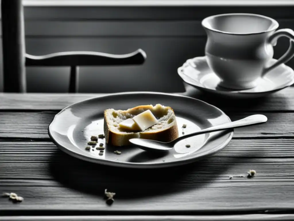 Un desayuno humilde de la década de 1930: mesa de madera desgastada con plato de pan y avena, taza agrietada y cuchara, luz natural sombría