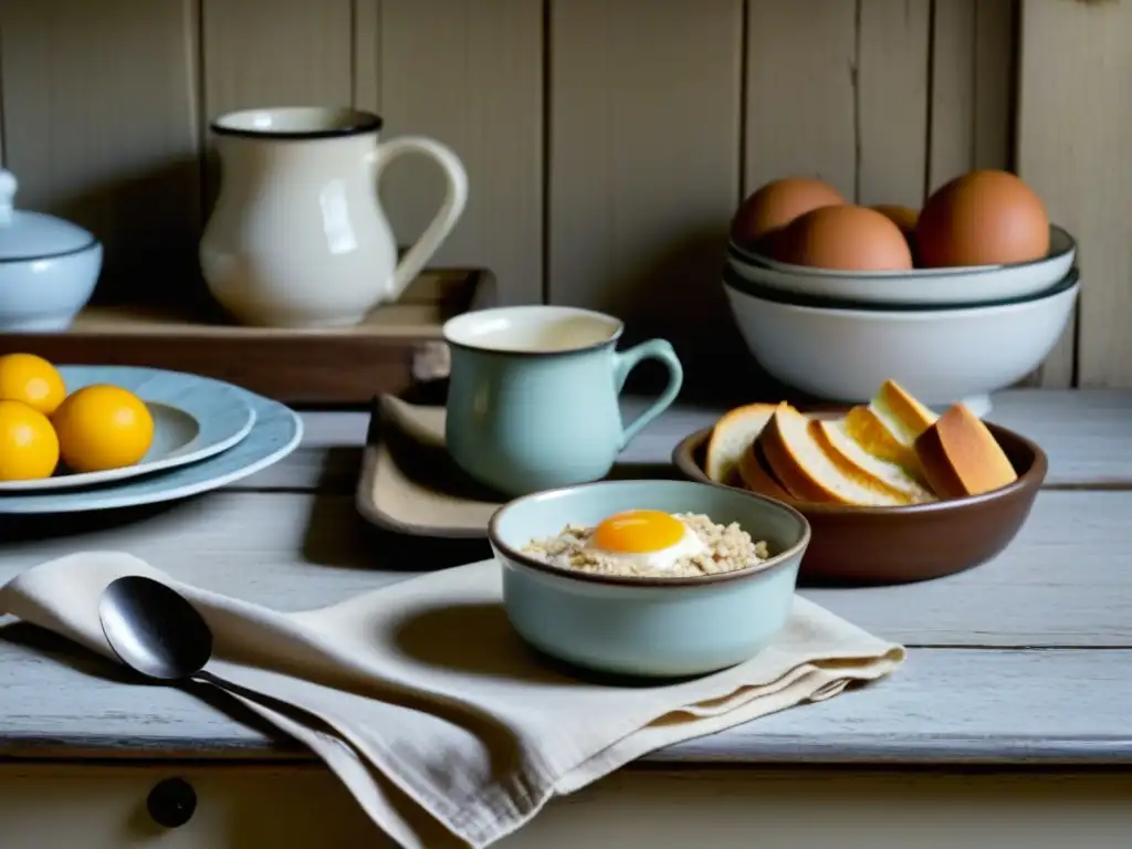 Un desayuno humilde en una mesa de cocina de los años 30, evocando la escasez