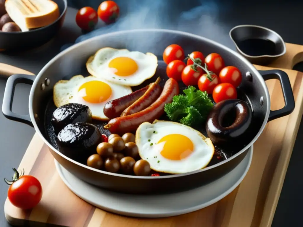 Un desayuno inglés completo cocinándose a la perfección, mostrando la influencia cultural del Full English Breakfast