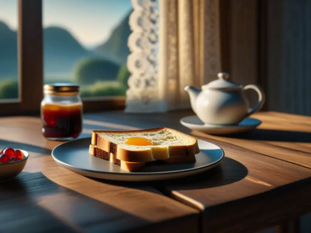 Un desayuno nostálgico de la década de 1930 en una mesa de madera rústica, con una taza de café, pan con mermelada y más