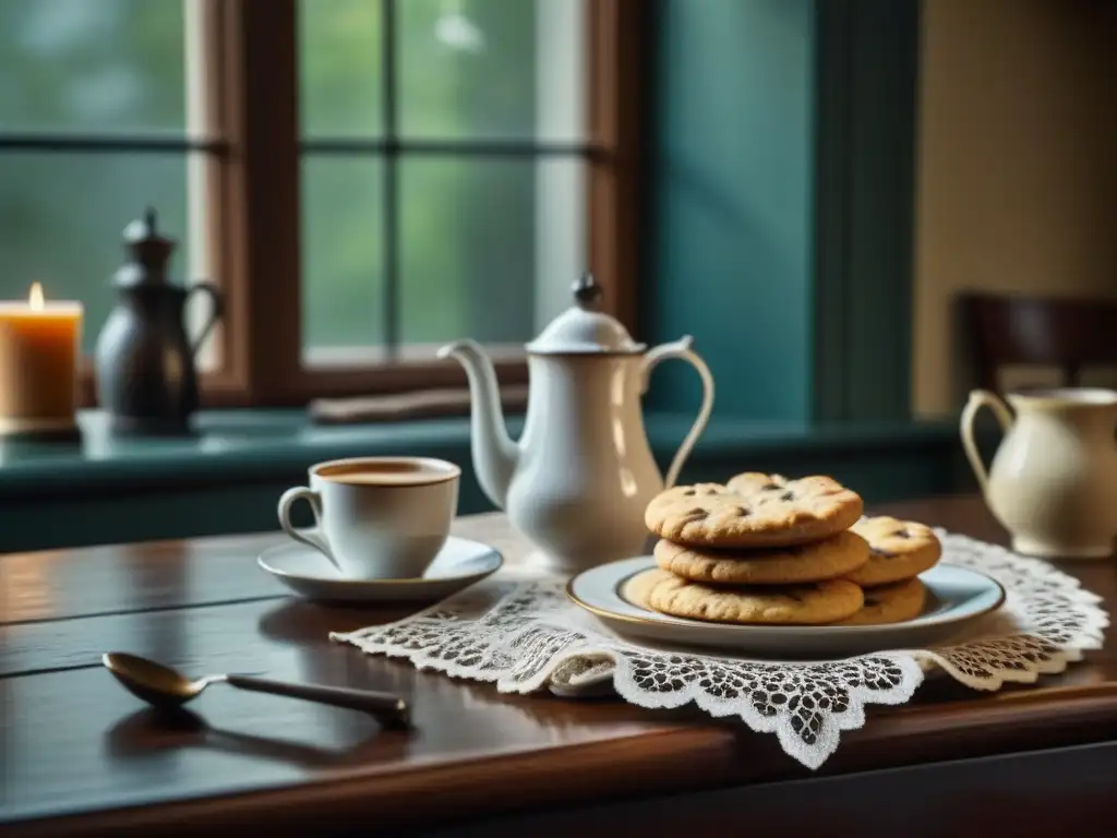 Desayuno del siglo XIX en la cocina americana: mesa de madera rústica con vajilla de porcelana y pan recién horneado, bañada por la luz matutina