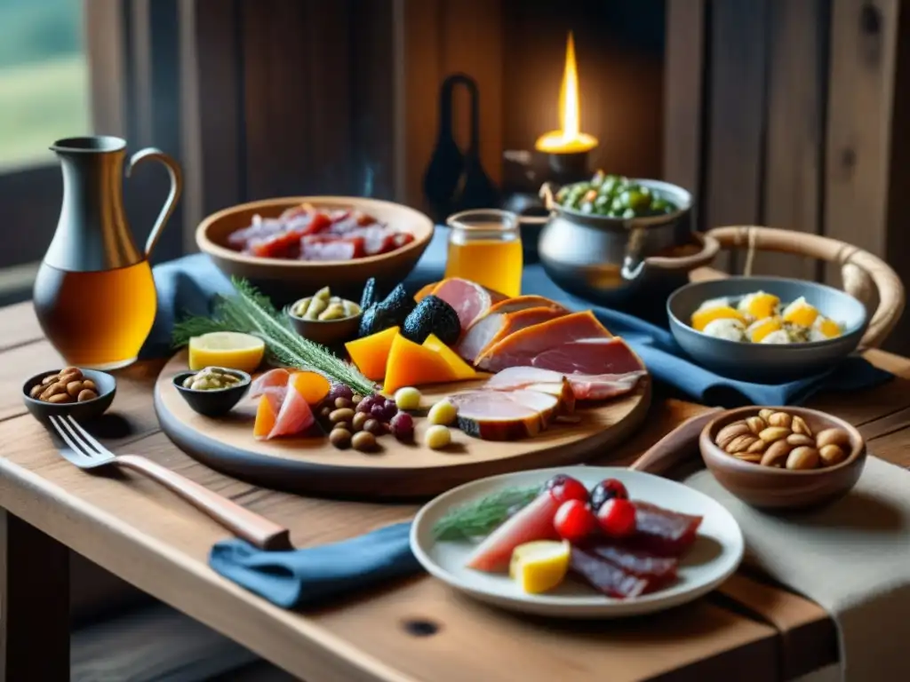 Desayuno vikingo con alimentos tradicionales en mesa de madera