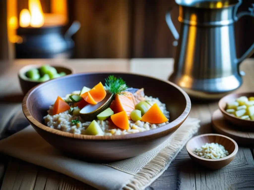 Desayuno vikingo con porridge, pescado ahumado, verduras encurtidas y hidromiel en cuenco de madera rústica sobre mesa nórdica tallada