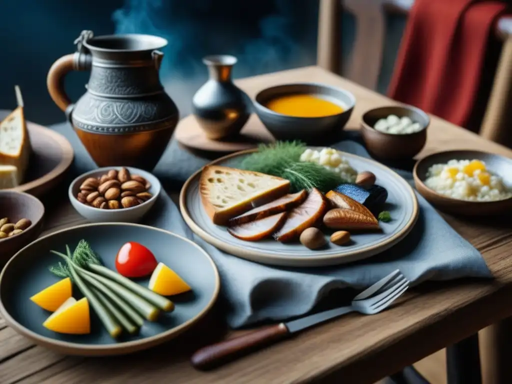 Desayuno vikingo con recetas históricas: mesa de madera con utensilios nórdicos y alimentos tradicionales como pescado ahumado y porridge con miel