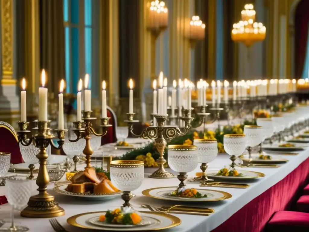 Deslumbrante banquete zarista en palacio ruso: vajilla de plata, cristal brillante y exquisitos platos