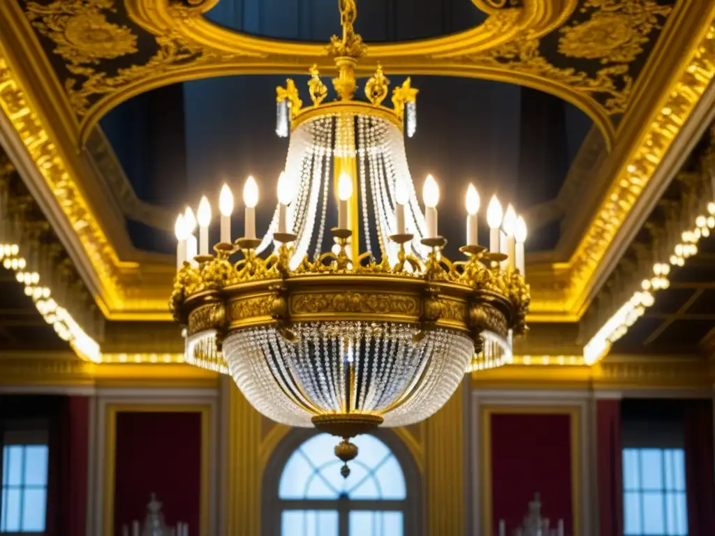 Un deslumbrante candelabro dorado en el Salón de los Espejos del Palacio de Versalles, representando la opulencia de la cocina de corte en Versalles