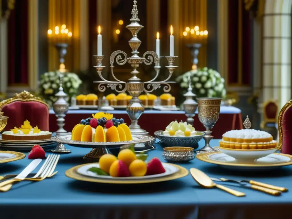 Esplendor barroco: mesa banquete ornada con detalle Deslumbrante mesa de banquete barroco con ornamentos y alimentos exquisitos en un salón lujoso