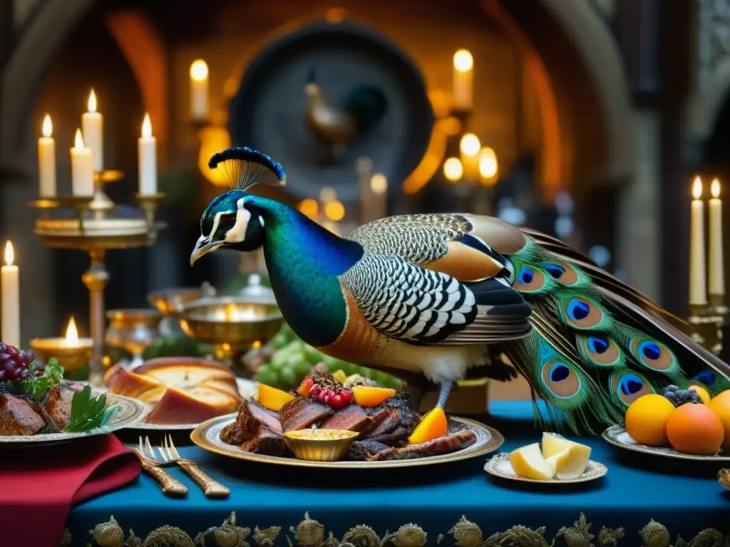 Espléndida mesa medieval con pavos reales y banquetes nobles Deslumbrante mesa de banquete medieval con recetas históricas Europa Edad Media: carne asada, aves rellenas, pie decorado y frutas