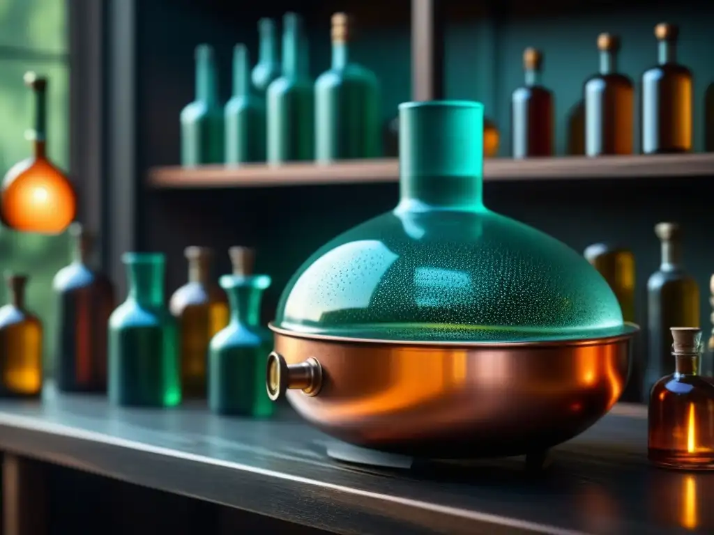 Destilador de cobre vintage con tincturas y espíritus Un destilador de cobre antiguo con detalles grabados, rodeado de botellas de licores y tinturas herbales