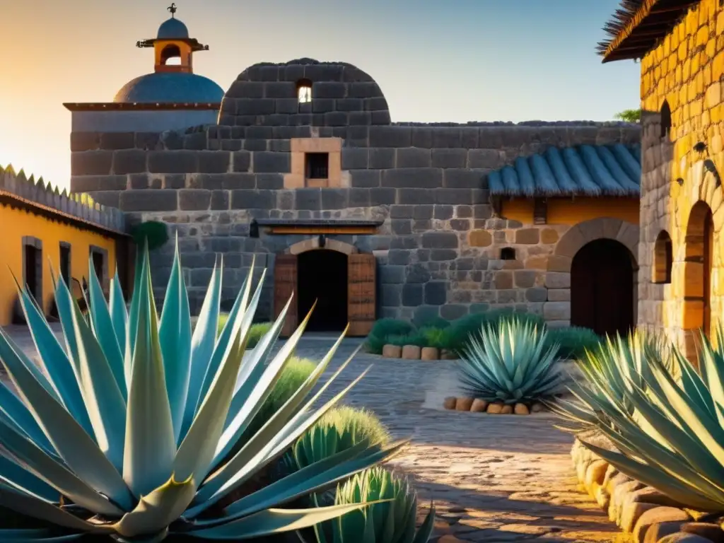 Destilería de piedra antigua rodeada de agaves en un paisaje rural mexicano, resaltando la historia y cultura de los licores ancestrales