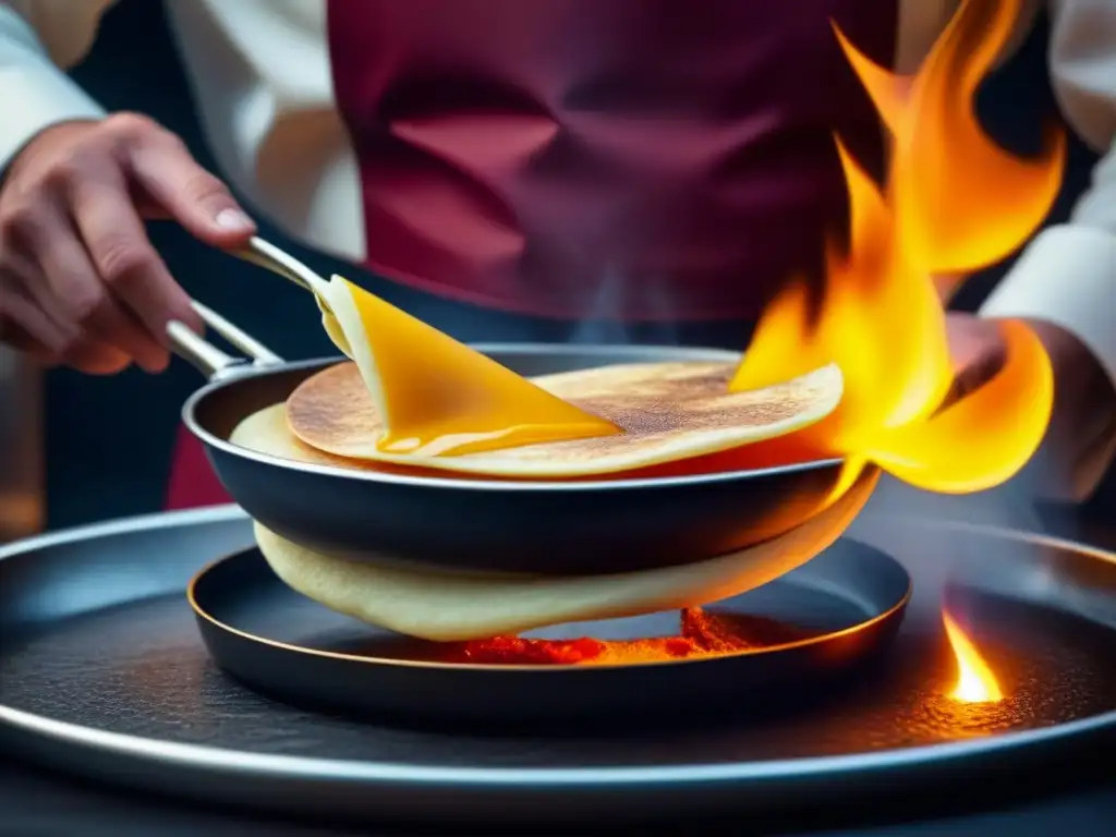 La destreza de un chef francés flambeando crepes Suzette en una sartén de cobre, reflejando la historia y arte de esta repostería francesa