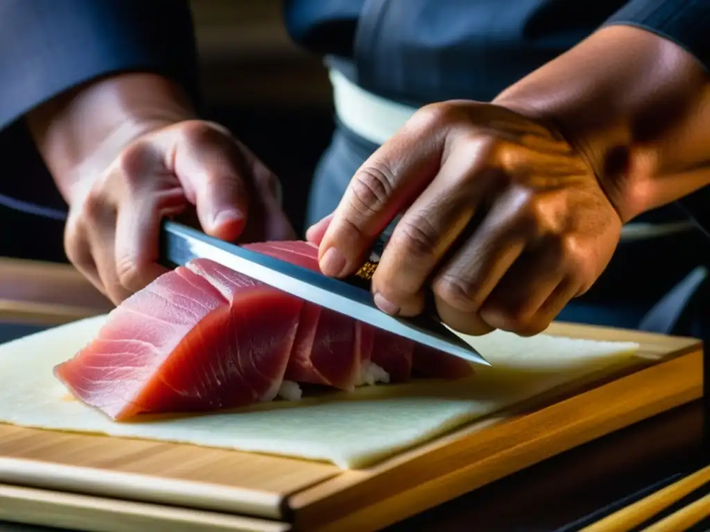 Un hábil chef samurái corta con destreza un trozo de atún fresco, mostrando respeto por la comida