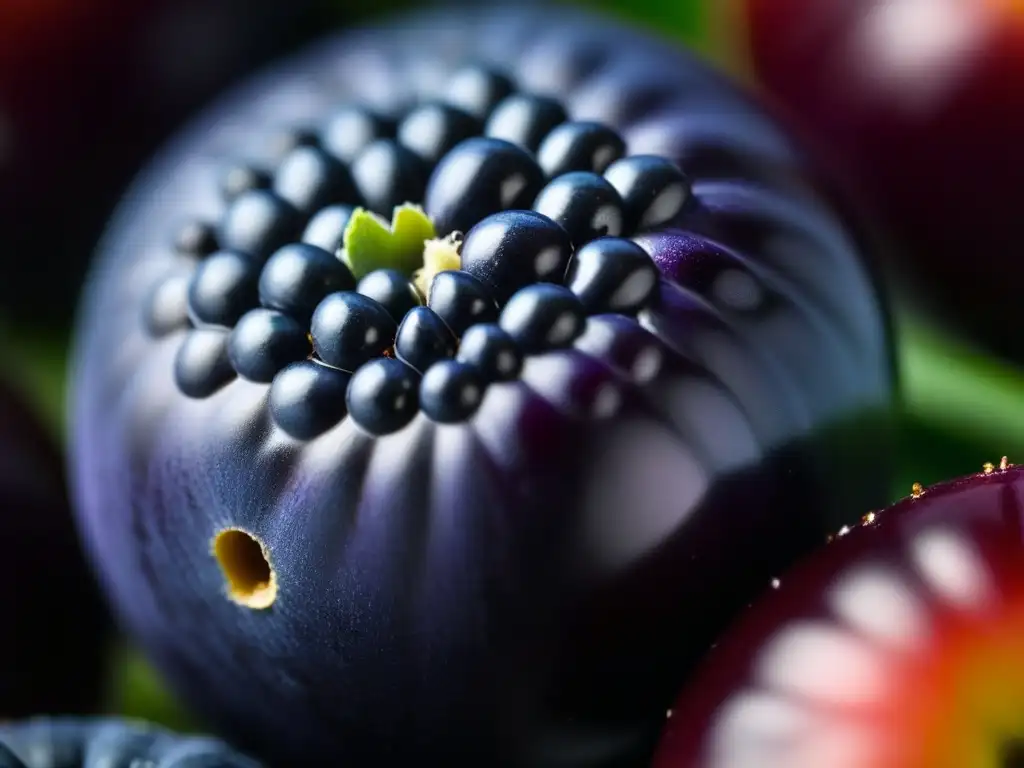 Detallada macrofoto de un açaí maduro, revelando su color morado intenso y textura brillante