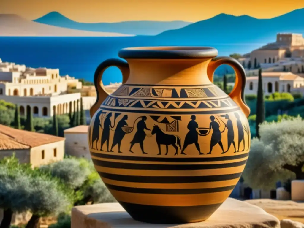 Amphora griega antigua: escenas mitológicas y mercado en Atenas Detallada ánfora griega con escenas de mitología y mercado en Atenas